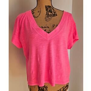 Pilcro Crop V Neck Short Sleeve Pop of Color T Shirt, 100% Cotton Womens Sz M